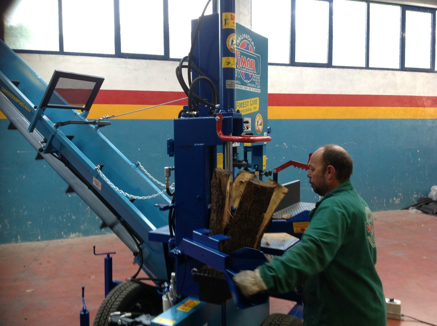 MODELLO SEGA A NASTRO 700 C.S.I.E.T. CARRELLATA CON SPACCALEGNA IDRAULICO DA 16 TONNELLATE VERTICALE GIREVOLE E NASTRO TRASPORTATORE DA 5 METRI INCORPORATO SULLA MACCHINA